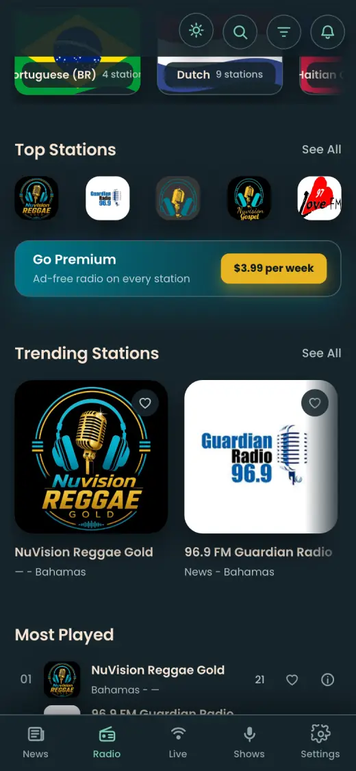 The Caribbean radio app showing top stations on a phone